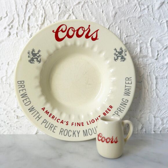 Vintage Coors Ashtray and Tiny Mug Cream Ceramic America's Fine Light Beer - Picture 1 of 7